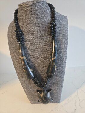 Vintage Carved Horn Turtle Tortoise Pendant Necklace